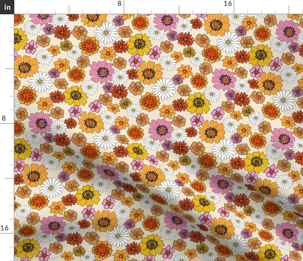 seventies floral fabric, 70s floral fabric, 70s daisies, pink, yellow, mustard florals fabric - cream