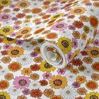 seventies floral fabric, 70s floral fabric, 70s daisies, pink, yellow, mustard florals fabric - white