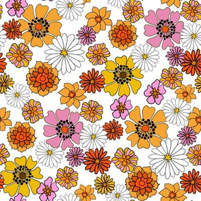 seventies floral fabric, 70s floral fabric, 70s daisies, pink, yellow, mustard florals fabric - white