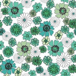 seventies floral fabric, 70s floral fabric, 70s daisies, green, blue, aqua florals fabric - white