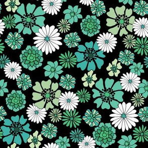 seventies floral fabric, 70s floral fabric, 70s daisies, green, blue, aqua florals fabric - black