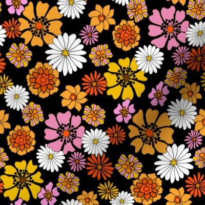 seventies floral fabric, 70s floral fabric, 70s daisies, pink, yellow, mustard florals fabric - black
