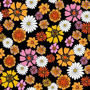 seventies floral fabric, 70s floral fabric, 70s daisies, pink, yellow, mustard florals fabric - black