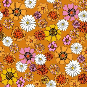 seventies floral fabric, 70s floral fabric, 70s daisies, pink, yellow, mustard florals fabric - burnt