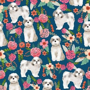 shih tsu dog floral fabric - dog fabric, dog floral fabric, - navy