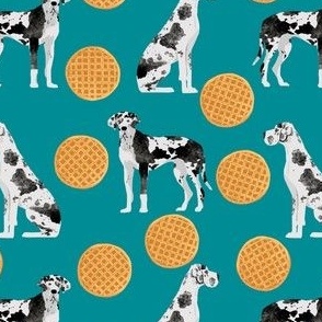 great dane waffles fabric - dog and food fabric, waffles fabric, harlequin dane fabric, dogs fabric - turquoise