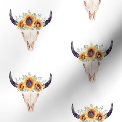 Bull Skull and Sunflowers // White