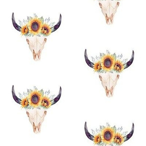Bull Skull and Sunflowers // White