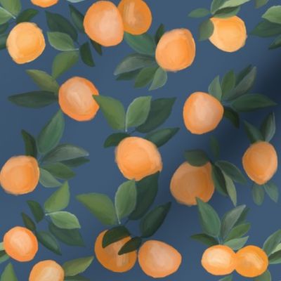 oranges scattered on dark blue
