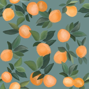oranges scattered on dark teal