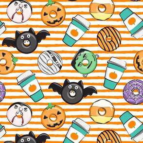 Halloween coffee and donuts - teal with orange stripes  - bats, pumpkins, spider web, vampire - LAD19 