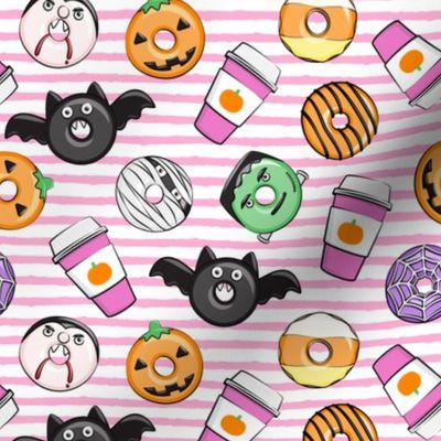 Halloween coffee and donuts - pink with pink stripes  - bats, pumpkins, spider web, vampire - LAD19 