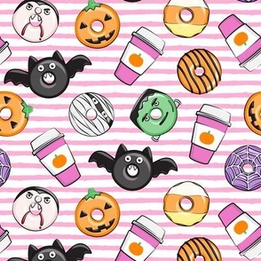 Halloween coffee and donuts - pink with pink stripes  - bats, pumpkins, spider web, vampire - LAD19 