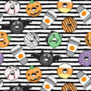 Halloween coffee and donuts - grey with black stripes  - bats, pumpkins, spider web, vampire - LAD19 