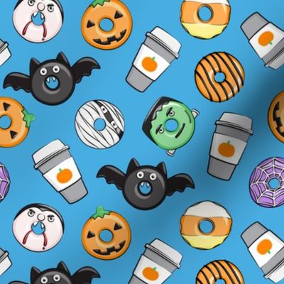 Halloween coffee and donuts - blue - bats, pumpkins, spider web, vampire - LAD19 