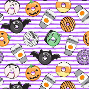 Halloween coffee and donuts - purple stripes  - bats, pumpkins, spider web, vampire - LAD19 