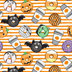 Halloween coffee and donuts - orange stripes  - bats, pumpkins, spider web, vampire - LAD19 