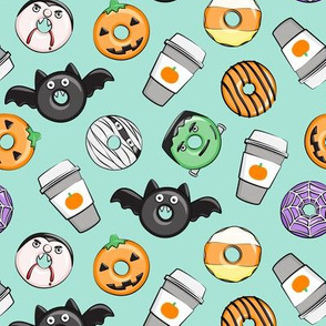 Halloween coffee and donuts - mint  - bats, pumpkins, spider web, vampire - LAD19 