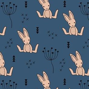 Adorable baby hare bunny geometric scandinavian style rabbit for kids gender neutral blue night beige winter collection