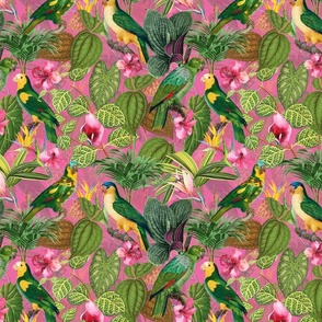 10" Pierre-Joseph Redouté tropicals Lush tropical vintage parrot Jungle blossoms summer paradise in colorful pink