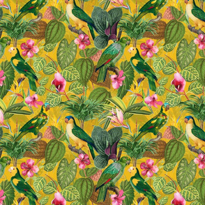 10" Pierre-Joseph Redouté tropicals Lush tropical vintage parrot Jungle blossoms summer paradise in yellow