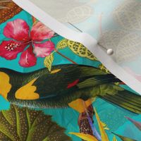 10" Pierre-Joseph Redouté tropicals Lush tropical vintage parrot Jungle blossoms summer paradise in fresh turquoise