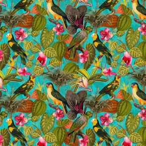 10" Pierre-Joseph Redouté tropicals Lush tropical vintage parrot Jungle blossoms summer paradise in fresh turquoise