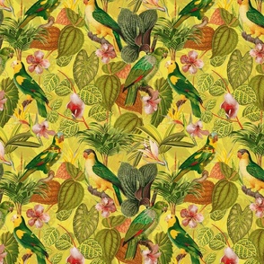 10" Pierre-Joseph Redouté tropicals Lush tropical vintage parrot Jungle blossoms summer paradise in sun yellow