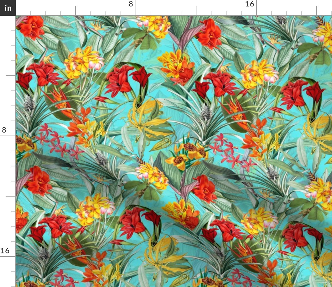 10" Vintage Tropical Palm Jungle, Palm fabric,vintage hawaiian fabric on teal