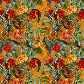 10" Vintage Tropical Palm Jungle, Palm fabric,vintage hawaiian fabric double on sunny yellow