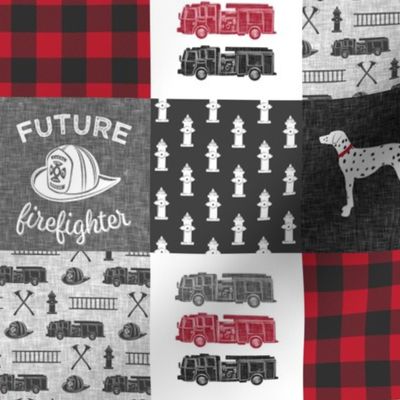 (3" small scale)  future firefighter patchwork fabric - plaid - dark grey and red C19BS