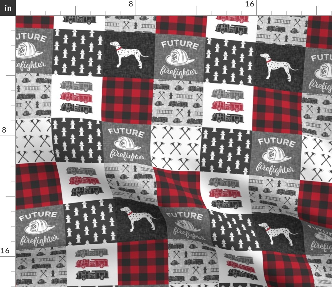 (3" small scale)  future firefighter patchwork fabric - plaid - dark grey and red C19BS
