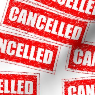 10 cancelled cancellation revoke stop abort cancel culture outrage boycott social media rubber stamp red ink pad white background chop grunge distressed words seal pop art culture vintage retro current affairs strong message statement sign label symbols m