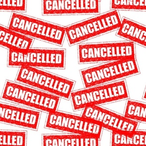 10 cancelled cancellation revoke stop abort cancel culture outrage boycott social media rubber stamp red ink pad white background chop grunge distressed words seal pop art culture vintage retro current affairs strong message statement sign label symbols m