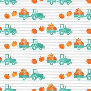 Pumpkin Picking - Fall Harvest - Teal Tractor on stripes - LAD19