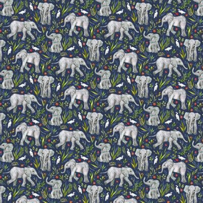 Baby Elephants and Egrets in Watercolor - navy blue, extra small print