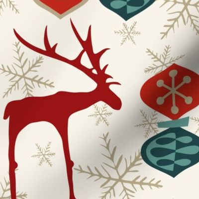 Deer & Ornaments -Mixed - Winter White - Mid Century Modern Holiday, Christmas, Red, Evergreen Blue