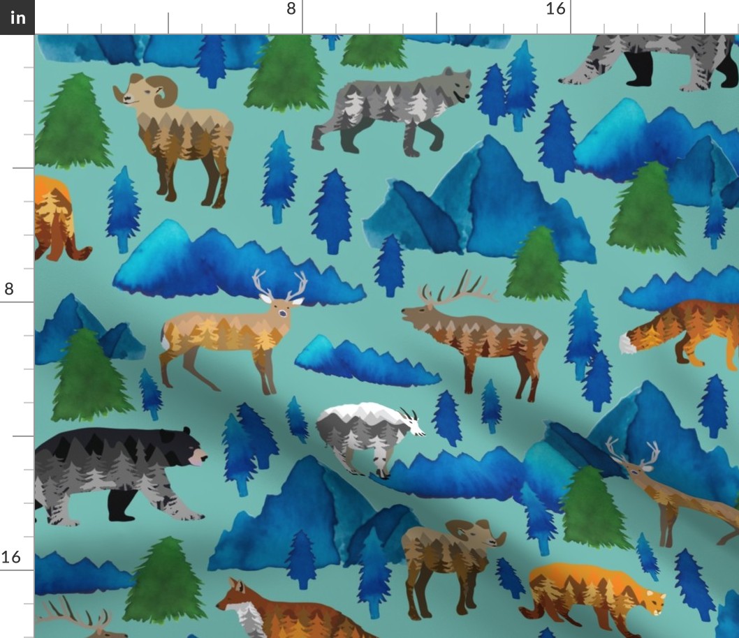 Mountains, animals and trees