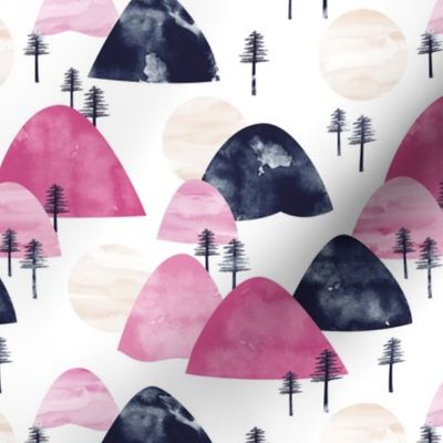 The hills little enchanted forest mountains trees and sun pink navy