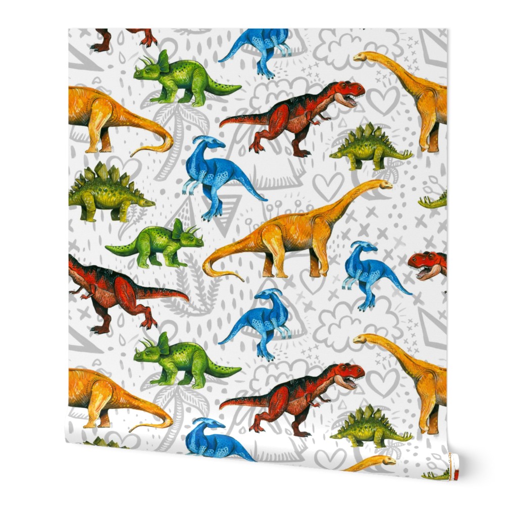 Happy Dinosaurs on Volcano Background - Large