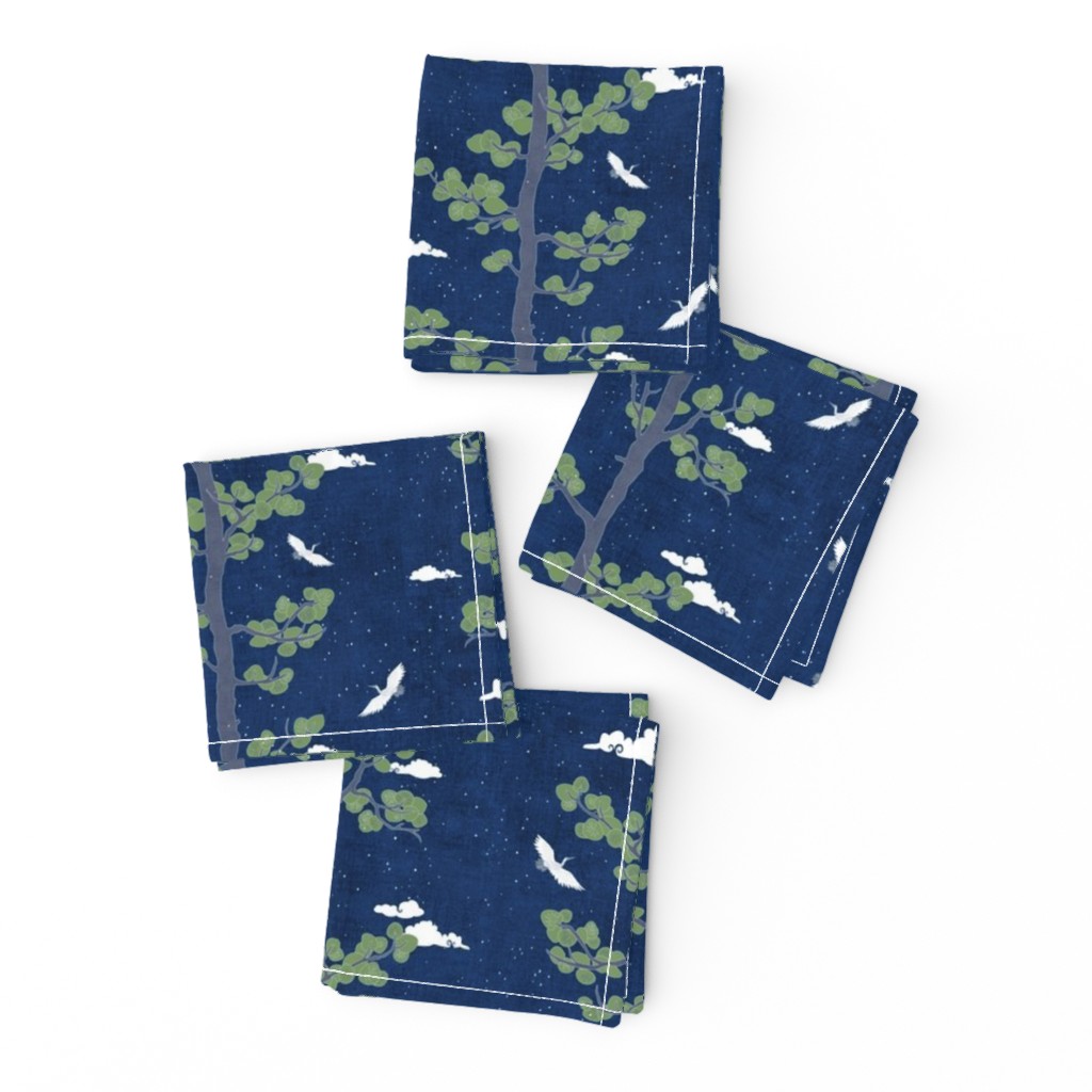 Forest Fabric, Crane Fabric | Indigo Japanese print fabric, bird fabric (small scale)