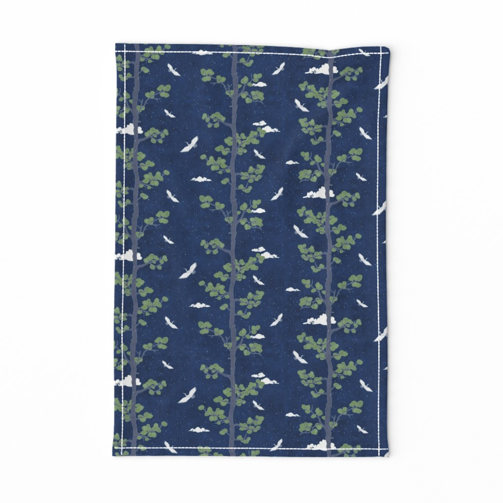 Forest Fabric, Crane Fabric | Indigo Japanese print fabric, bird fabric (small scale)