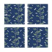 Forest Fabric, Crane Fabric | Indigo Japanese print fabric, bird fabric (small scale)