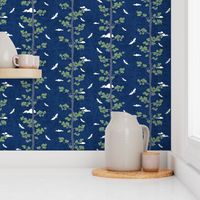 Forest Fabric, Crane Fabric | Indigo Japanese print fabric, bird fabric (small scale)