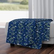 Forest Fabric, Crane Fabric | Indigo Japanese print fabric, bird fabric (small scale)