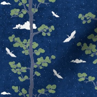 Forest Fabric, Crane Fabric | Indigo Japanese print fabric, bird fabric (small scale)