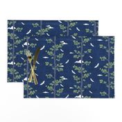 Forest Fabric, Crane Fabric | Indigo Japanese print fabric, bird fabric (small scale)