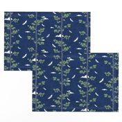 Forest Fabric, Crane Fabric | Indigo Japanese print fabric, bird fabric (small scale)