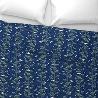 Forest Fabric, Crane Fabric | Indigo Japanese print fabric, bird fabric (small scale)