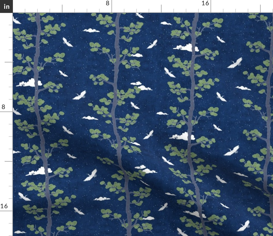 Forest Fabric, Crane Fabric | Indigo Japanese print fabric, bird fabric (small scale)